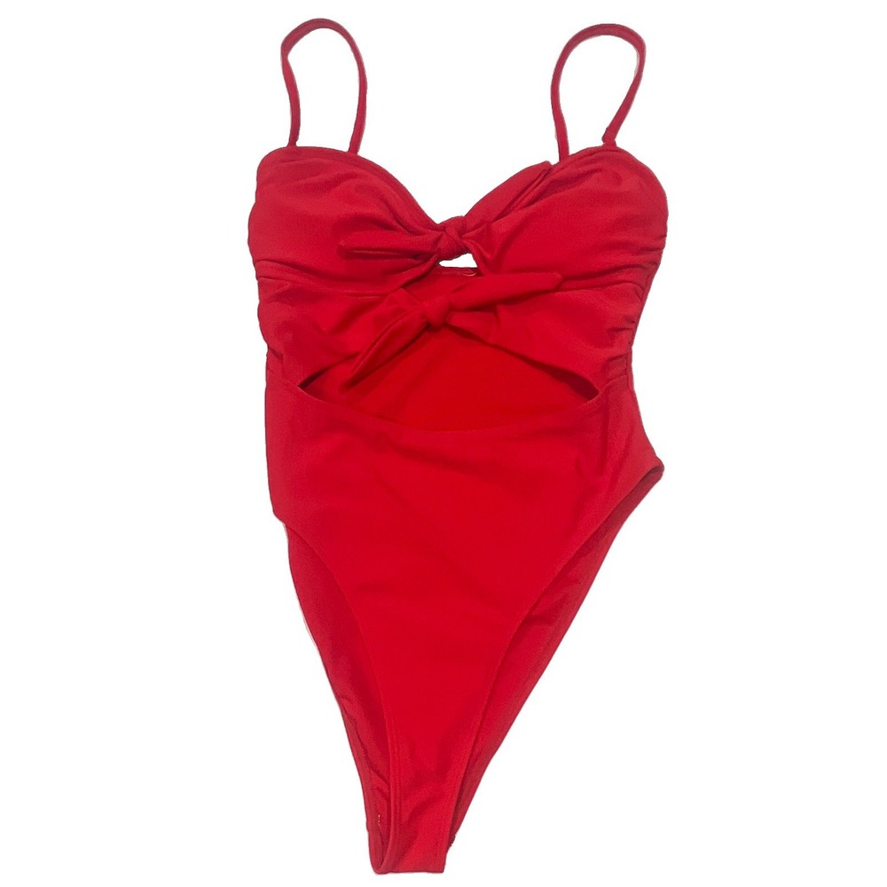 Red Cutout One Piece Swimsuit Double Knot Front High Cut Monokini